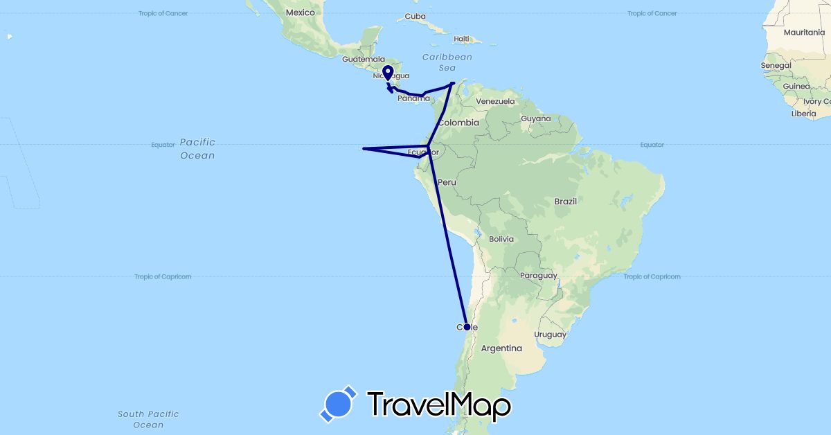 TravelMap itinerary: driving in Chile, Colombia, Costa Rica, Ecuador, Nicaragua, Panama (North America, South America)